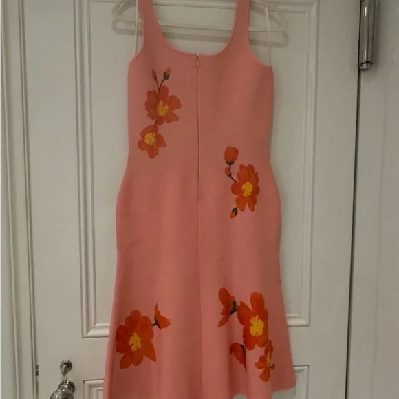 Carolina Herrera Pink Floral Midi Dress with Orange and Yellow Flowers - Picture 3 of 5